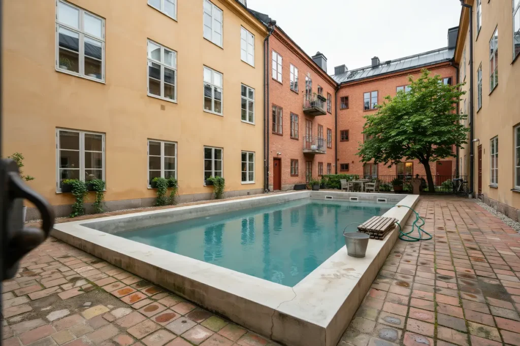anl ggning av betongpool p innerg rd i s dermalm stockholm
